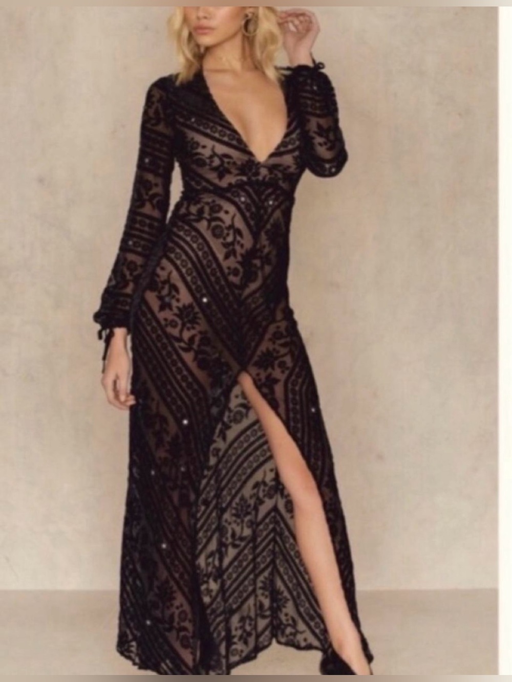 FOR LOVE & LEMONS J'adore Black Velvet Burnout Maxi Dress S Fairycore Goth Glam